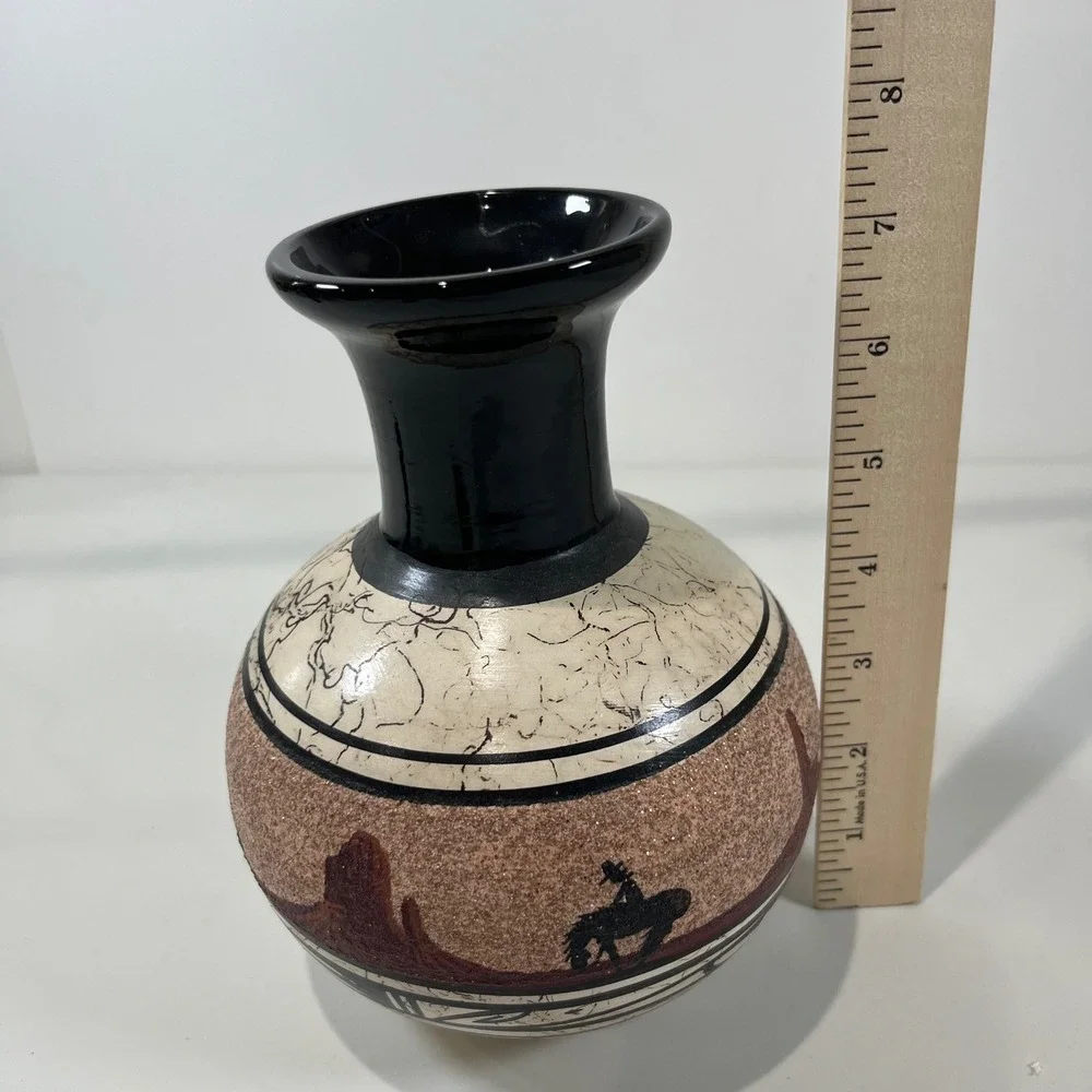 Vintage Navajo Pottery Vase Horsehair Desert Scene Southwestern Sand Native